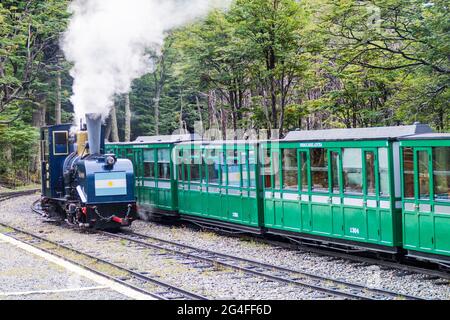 TIERRA DEL FUEGO, ARGENTINA - MARCH 7, 2015: Tourist steam train in National Park Tierra del Fuego, Argentina Stock Photo