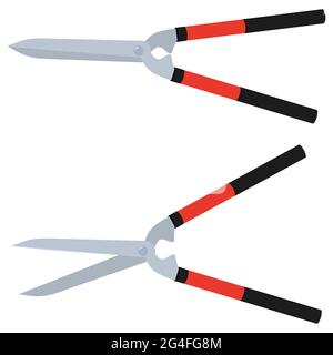 Hedge clippers isolated on white background. Gardening scissors for trimming. Pruning shears with red handles.Vector flat illustration. Stock Vector