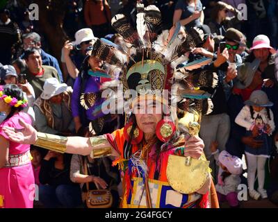 Inti Raymi, festival of the sun, Inca priest with feather crown during parade, Cusco, Peru Stock Photo