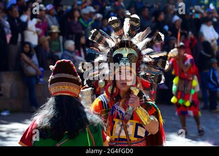 Inti Raymi, festival of the sun, Inca priest with feather crown during parade, Cusco, Peru Stock Photo