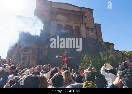 Inti Raymi, festival of the sun, priest in front of the Coricancha, most important temple of the Inca, Cusco, Peru Stock Photo