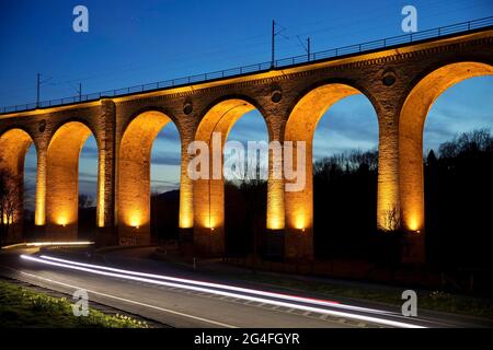 Illuminated viaduct in the evening, largest sand-lime bridge in Europe, Altenbeken, East Westphalia-Lippe, North Rhine-Westphalia, Germany Stock Photo