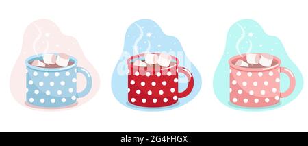 Mug with cocoa and marshmallows, blue,red and pink mug in white polka dots, vector flat illustration, isolated, cartoon Stock Vector
