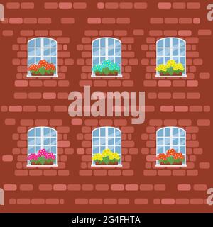 Facade of a brick house under the embroidery, large white window with flowers in pots, vector illustration in flat style Stock Vector
