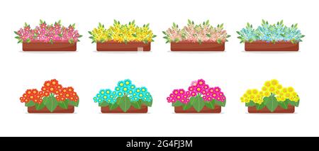 Flowers in pots in flat style set, big collection of spring flowers in boxes, vectors isolated Stock Vector