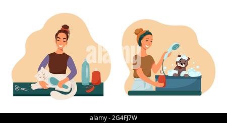 Grooming pet set, groomers wash groomed dogs and cats, vector collection of illustrations in flat style Stock Vector