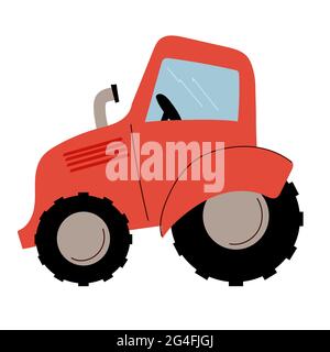 Farm red tractor with cab, wheels and exhaust pipe Stock Vector