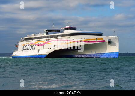 The trimaran Condor Liberation operates a high-speed ferry link between the UK mainland and the Channel Islands, Jersey and Guernsey - September 2020. Stock Photo