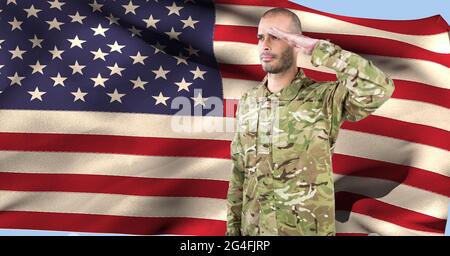 Composition of male soldier saluting over american flag Stock Photo - Alamy