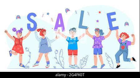 Children goods sale banner with smiling and jumping kids holding big letters, cartoon vector illustration illustration isolated on white background. Stock Vector