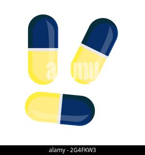 Three pills, yellow and blue, isolated on a white background. Stock Vector