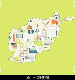 Contour map of Afghanistan with icons of technology, business, science, communication Stock Vector