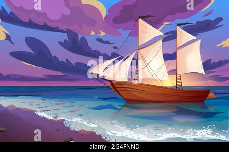 Sailing ship with black flags. Wooden sailboat on water. Sunset or sunrise, dawn at sea with clouds in the sky. Stock Vector