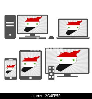 Many device media (tablet, pc, cellphone, laptop, smart tv) with the map and flag of Syria. Stock Vector