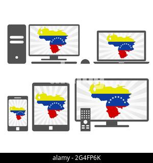 Many device media (tablet, pc, cellphone, laptop, smart tv) with the map and flag of Venezuela. Stock Vector