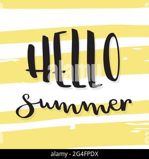 Hello summer lettering. Striped background. Vector illustration, hand drawn design Stock Vector