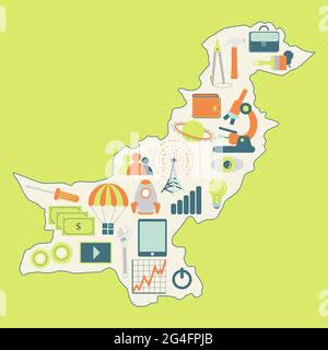Contour map of Pakistan with icons of technology, business, science, communication Stock Vector