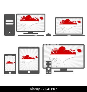 Many device media (tablet, pc, cellphone, laptop, smart tv) with the map and flag of Singapore. Stock Vector