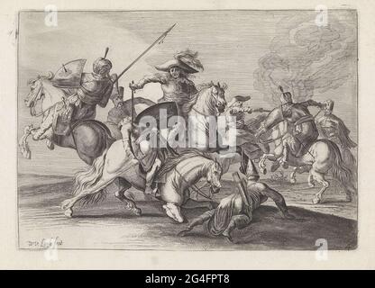 . Battlefield scene in which a rider in Western clothing was a Turkish opponent on horseback. The print is part of a six-part series of prints with equestrian battles. Print Legal under numbered: 4. Stock Photo