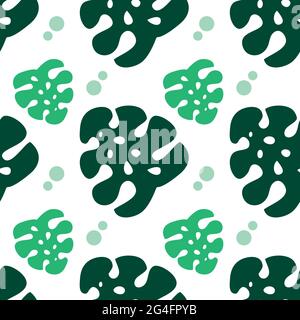 Monstera leaves pattern. Green color. Vector illustration, flat design Stock Vector