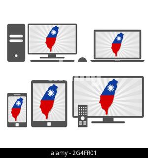 Many device media (tablet, pc, cellphone, laptop, smart tv) with the map and flag of Taiwan. Stock Vector