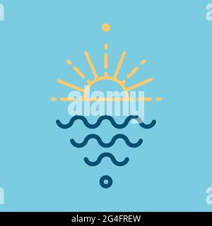 Summertime. Linear yellow sun burst and sea icons. Vector illustration, flat design Stock Vector