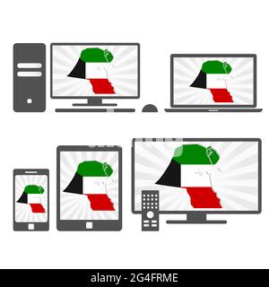 Many device media (tablet, pc, cellphone, laptop, smart tv) with the map and flag of Kuwait Stock Vector