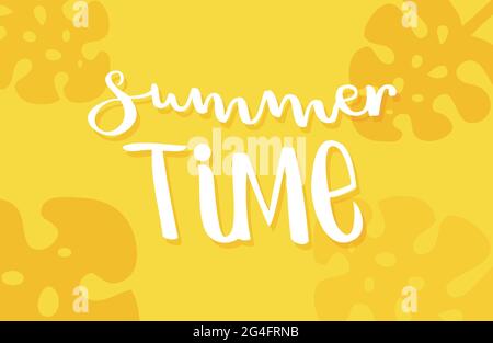 Summer time lettering. Tropical leaves. Yellow color. Vector illustration, flat design Stock Vector