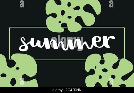 Summer lettering. Tropical leaves. Black background. Vector illustration, flat design Stock Vector