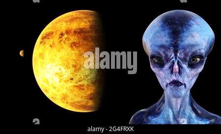 3d illustration of a blue alien with a planet and small moon in space in the background. Stock Photo