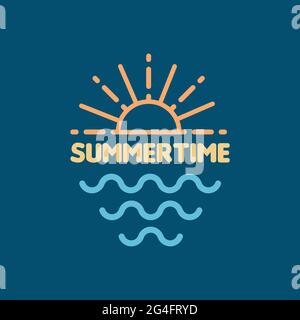 Summertime. Linear yellow sun burst and sea icons. Vector illustration, flat design Stock Vector
