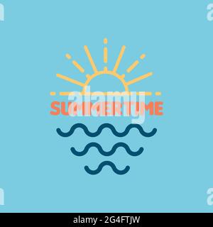 Summertime. Linear yellow sun burst and sea icons. Vector illustration, flat design Stock Vector