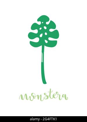 Green monstera leaf and lettering. Green color. Vector illustration, hand drawn style Stock Vector