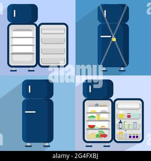 Four refrigerators: open and empty, closed, locked, open and full of food Stock Vector