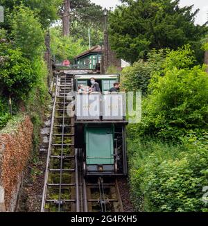 LYNTON, DEVON, ENGLAND - JUNE 20 2021: The water-powered funicular between the villages of Lynton and Lynmouth in action. Stock Photo