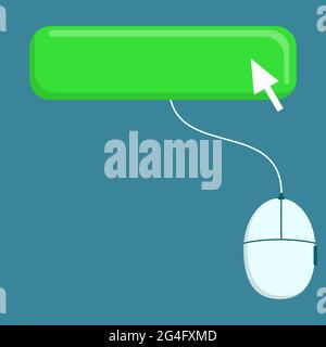 Mouse connected to a button. Cursor on the green button. Empty button for insert text. Stock Vector