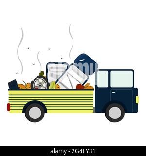 Pick up with garbage, rotten fruit, old tire and refrigerator spoiled in the body. White background. Isolated. Stock Vector