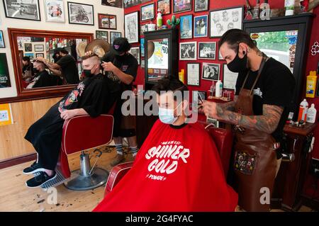 Inside an American style barbershop in the UK Stock Photo