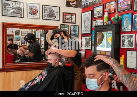 Inside an American style barbershop in the UK Stock Photo