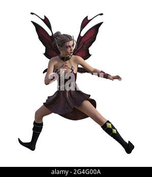 3d illustration of a winged fairy in a defensive fighting pose isolated on a white background. Stock Photo