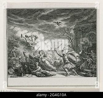 . Allegorical performance in which the war drives the peace. On the right the temple of Janus. Part of a group of clip art with small allegories on the political situation in the year 1780. Stock Photo