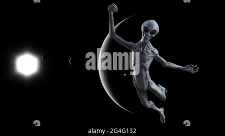 3d illustration of a gray alien leaping in space with a dark planets and a sun in the background. Stock Photo
