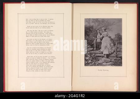 Photo production of a painting of a young man and woman passing a wooden fence; Training Wanderung. . Stock Photo
