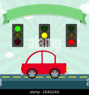 Traffic lights illuminated (green, yellow and red). Car down the street. Empty ribbon to enter text. Stock Vector