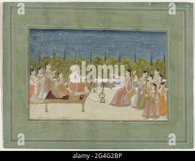 . On a golden taboo on a white terrace is a royal couple left; The man holds the hose of the hookah, the woman behind him a tampoa, left behind the taboo three servants; Right front of the tabouret a dancing woman with a group of women, some of which hold a musical instrument; Behind the terras shrubs and cypresses. The performance lies in black, red and white exchanges, a golden piping around the inner edge, the outer edge of the leaf is in heavenly blue with leafs in gold, the vertical edges equally wide as horizontal, around the painted edge even more framing lines White, red and black, als Stock Photo