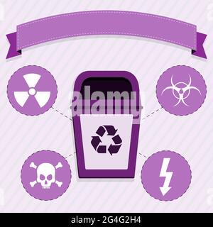 Purple trash for the selective collection of radioactive waste. Stock Vector