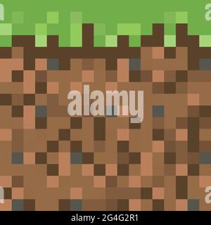 Pixel minecraft style land background. Concept of game ground pixelated horizontal seamless background. Vector illustration Stock Vector