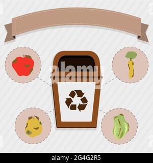 Brown trash for the selective collection of remains of organic food. Rotten apple, carrot, orange and cabbage. Stock Vector