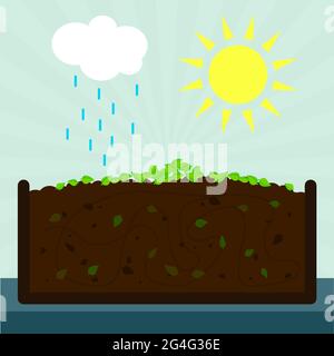 Composting process. Decomposed leaves on the ground. Irrigation and evaporation in the ecosystem. Stock Vector
