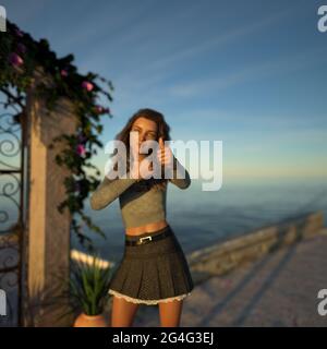 3D illustration of a woman with two thumbs up near the seashore at sunset with a small patio on the background. Stock Photo